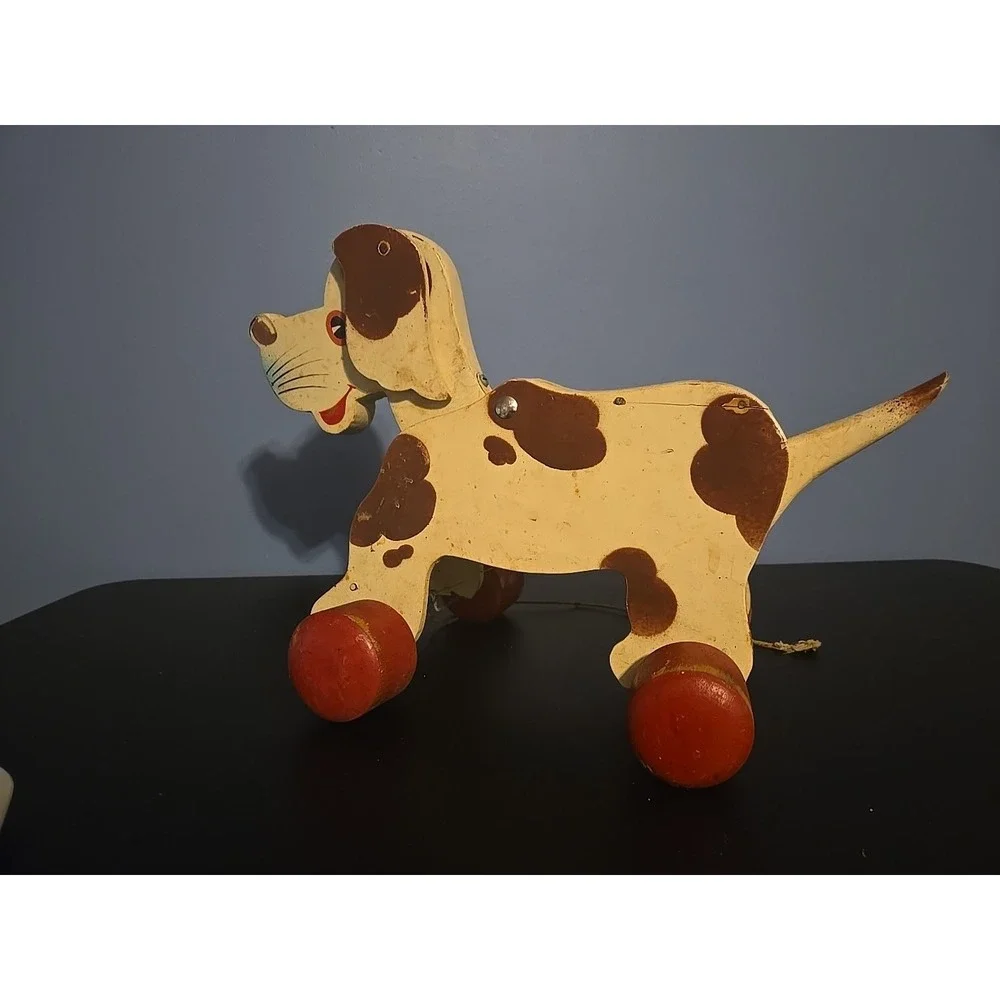 Vintage Antique Playful Dog Pup Pull Toy Dog Wagging Moving Tail And Ears